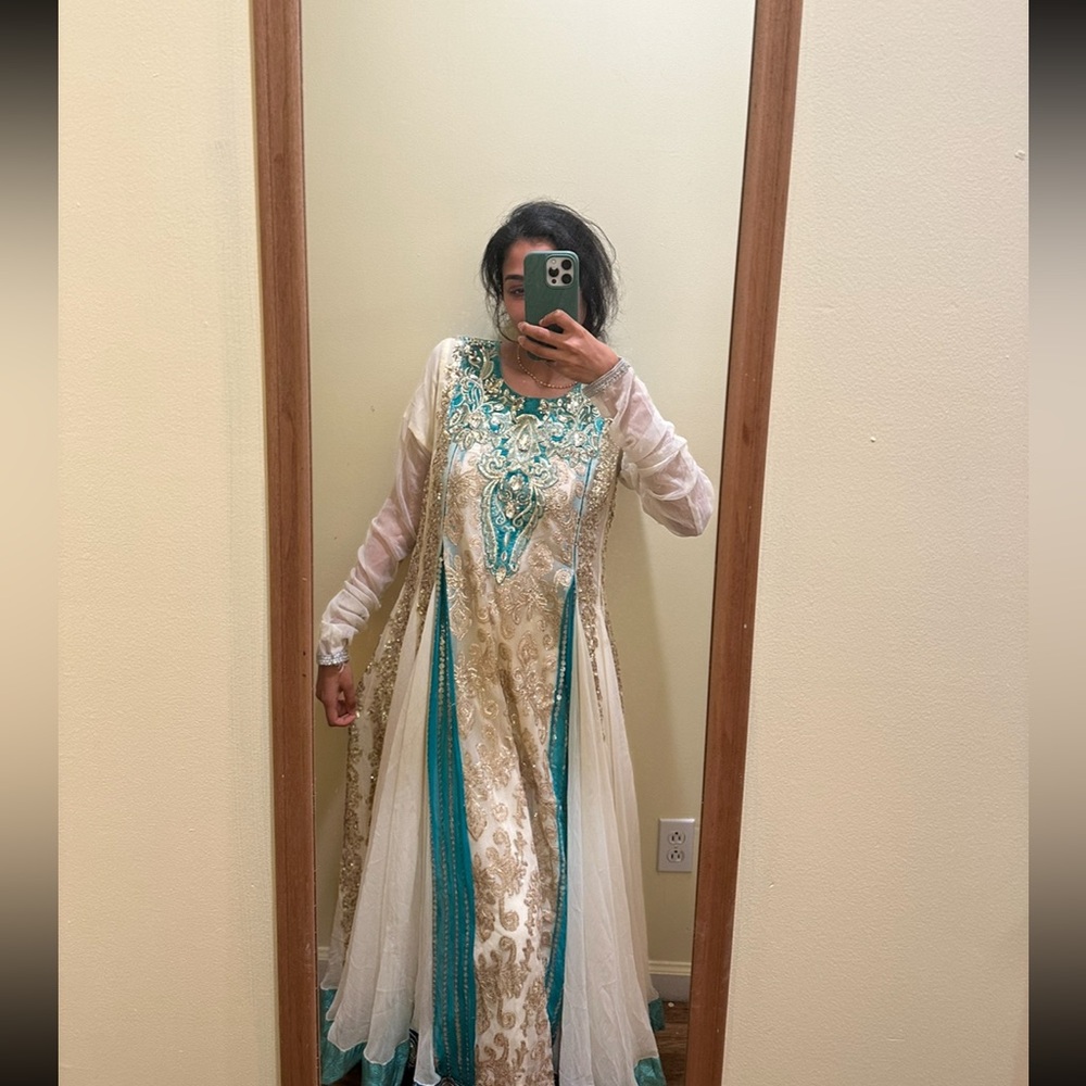 Pakistani Embroidered Ivory & Teal Dress heavy - 3 piece. OPEN TO ALL OFFERS